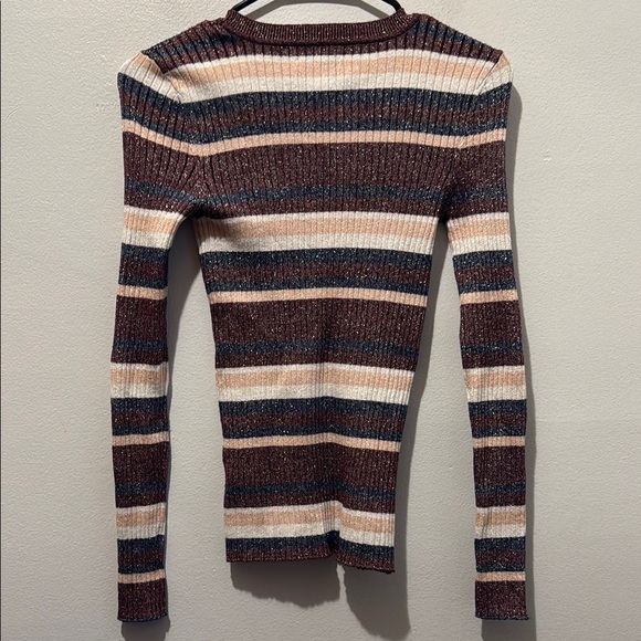 Nine West XS Metallic Striped Crew Neck Sweater Cream, Blue - Picture 8 of 8